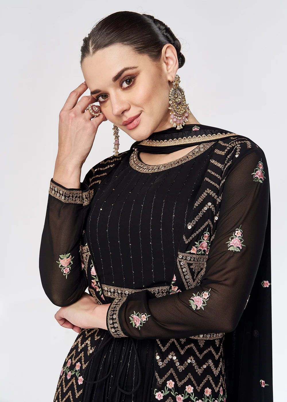 Georgette Premium Black Embroidered Wedding Anarkali Suit - Image 2