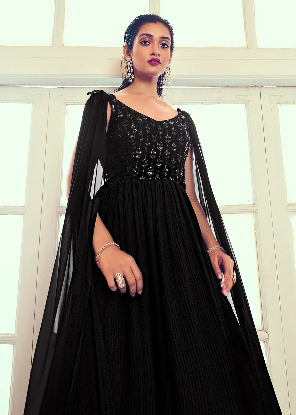 Georgette Pretty Black Sequins & Thread Party Wear Gown - Image 2