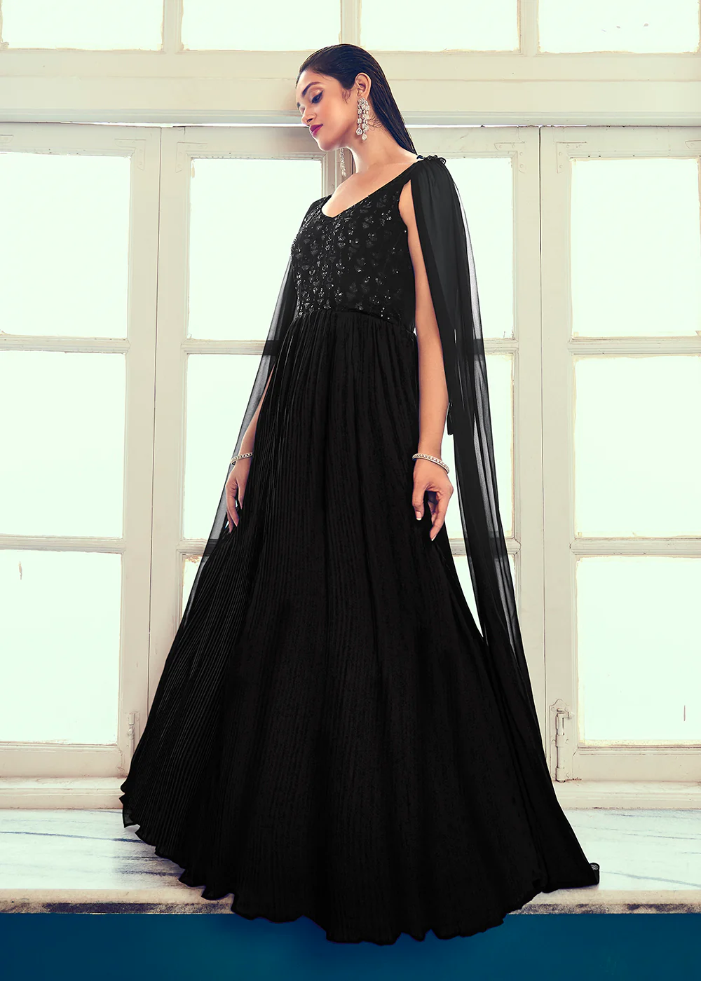Georgette Pretty Black Sequins & Thread Party Wear Gown - Image 3