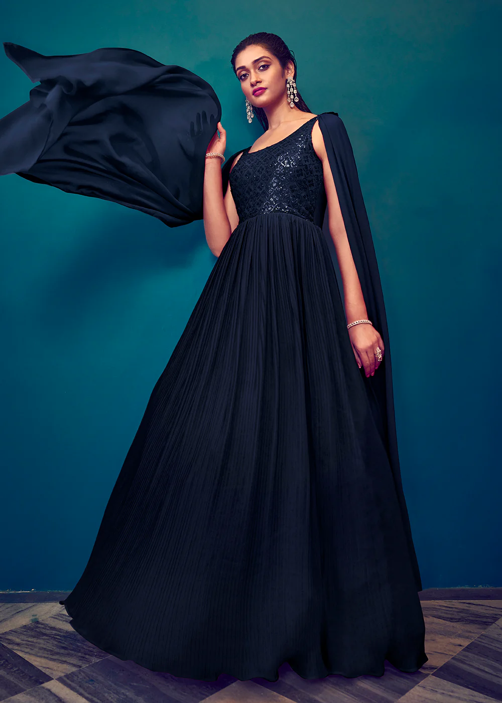 Georgette Pretty Blue Sequins & Thread Party Wear Gown - Image 3