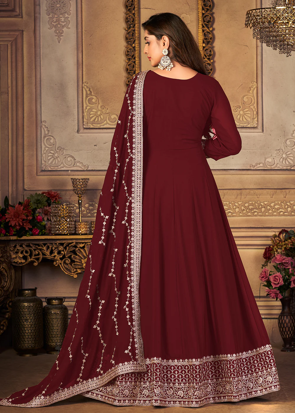 Georgette Pretty Maroon Embellished Wedding Fest Anarkali Suit - Image 3