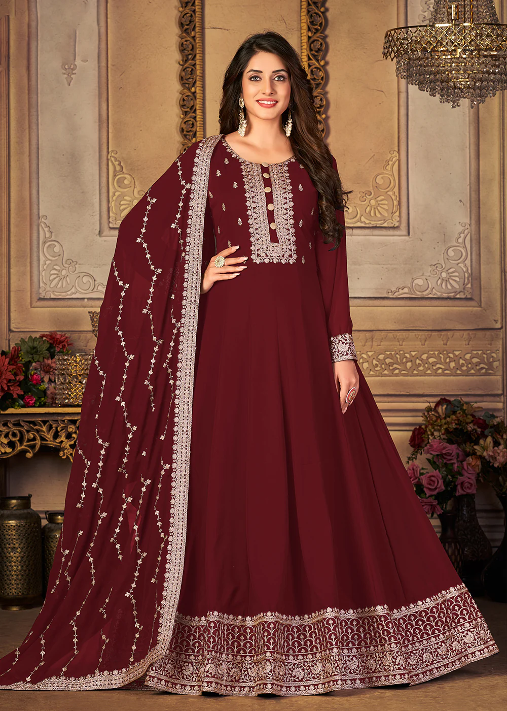 Georgette Pretty Maroon Embellished Wedding Fest Anarkali Suit - Image 4