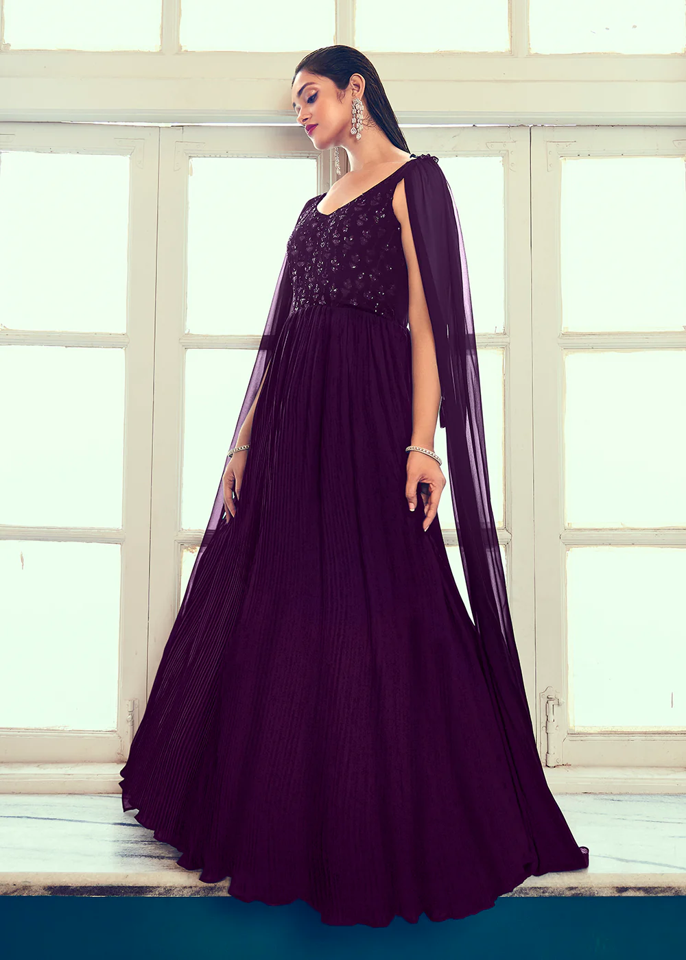 Georgette Pretty Purple Sequins & Thread Party Wear Gown - Image 3