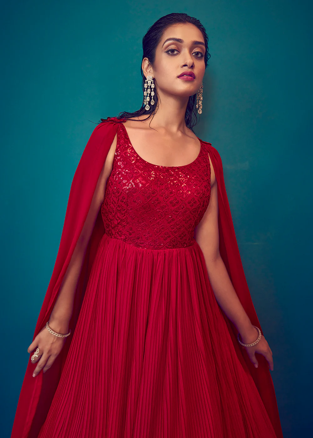 Georgette Pretty Red Sequins & Thread Party Wear Gown - Image 2