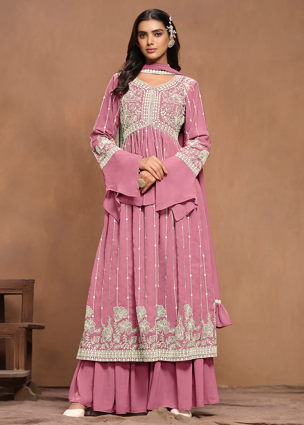 Georgette Puce Pink Embroidered Festive Palazzo Suit