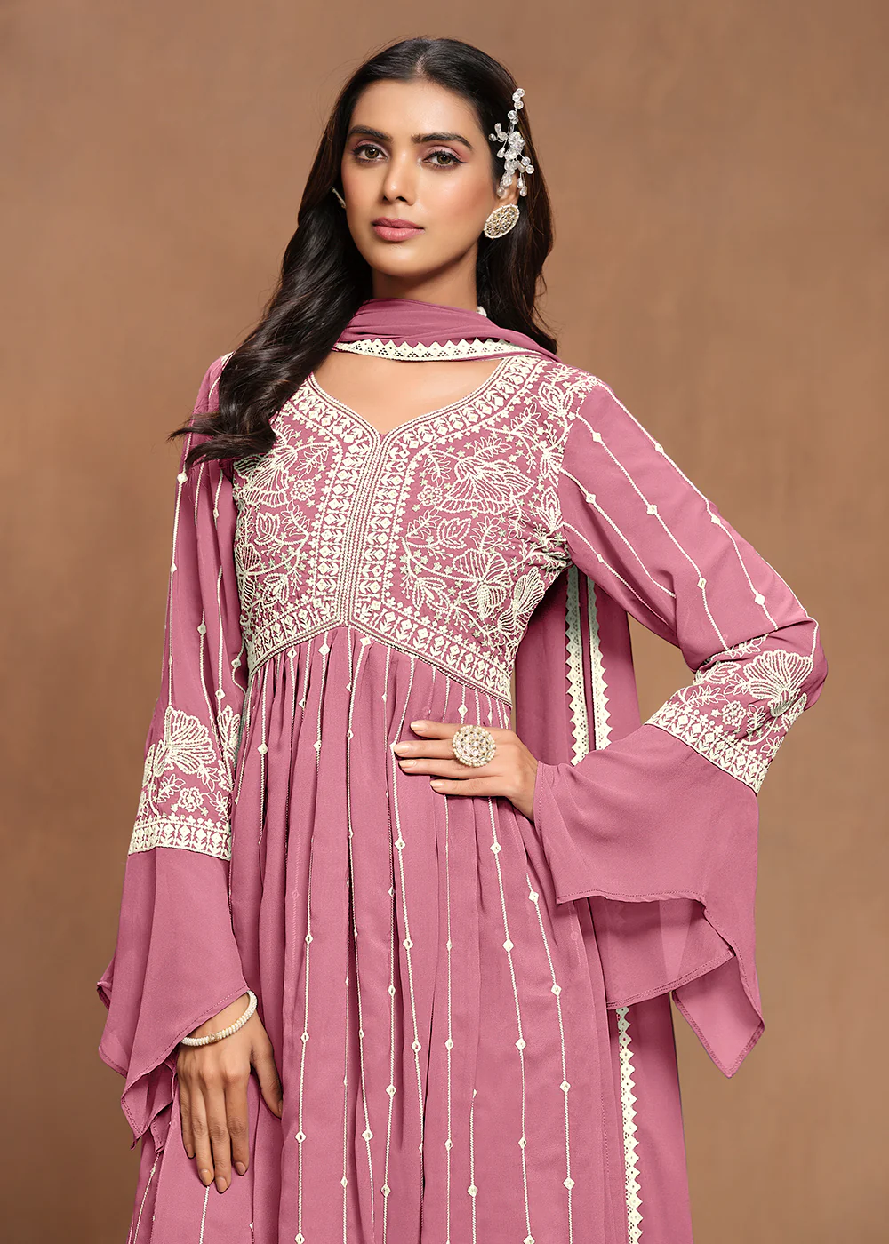 Georgette Puce Pink Embroidered Festive Palazzo Suit - Image 2
