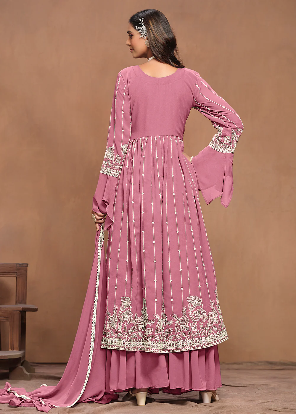 Georgette Puce Pink Embroidered Festive Palazzo Suit - Image 3