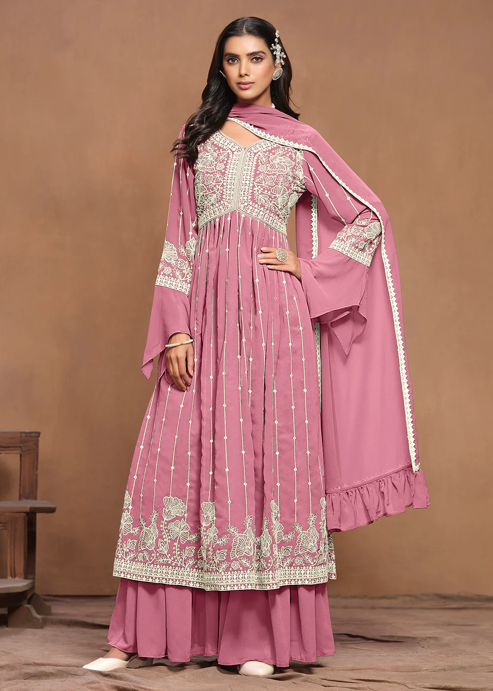 Georgette Puce Pink Embroidered Festive Palazzo Suit - Image 4