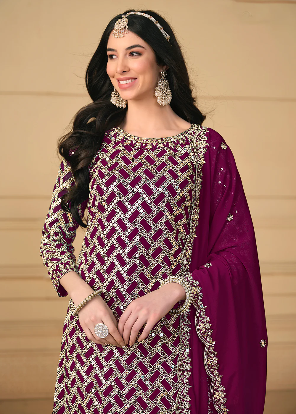 Georgette Purple Embroidered Gharara Style Suit - Image 2