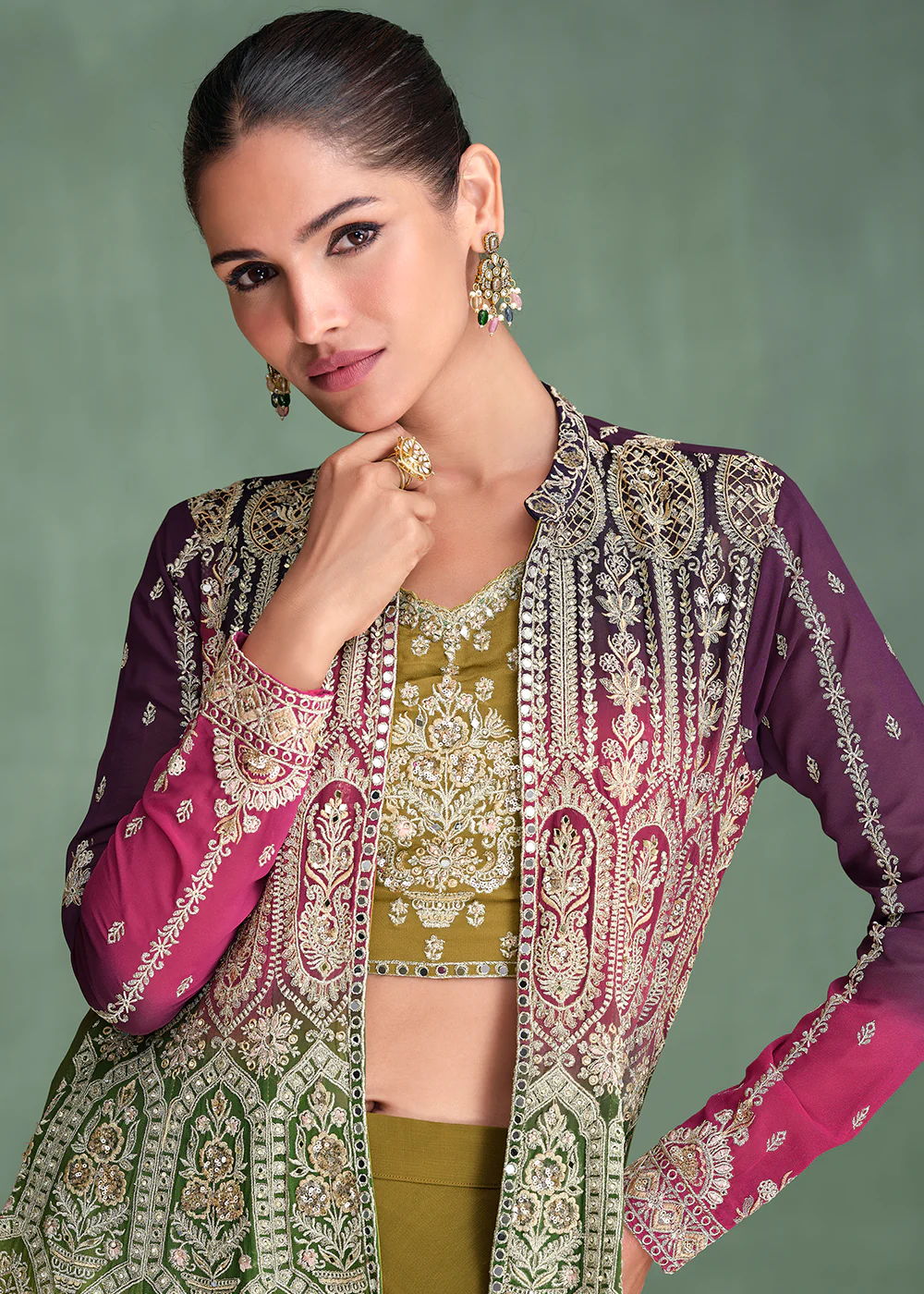 Georgette Purple & Olive Ombre Jacket Style Sharara Suit - Image 2