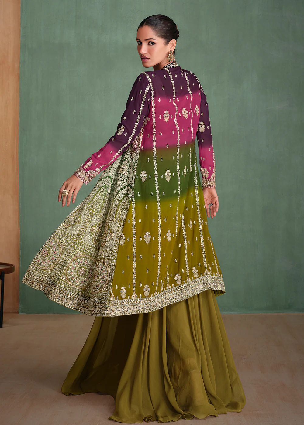 Georgette Purple & Olive Ombre Jacket Style Sharara Suit - Image 3