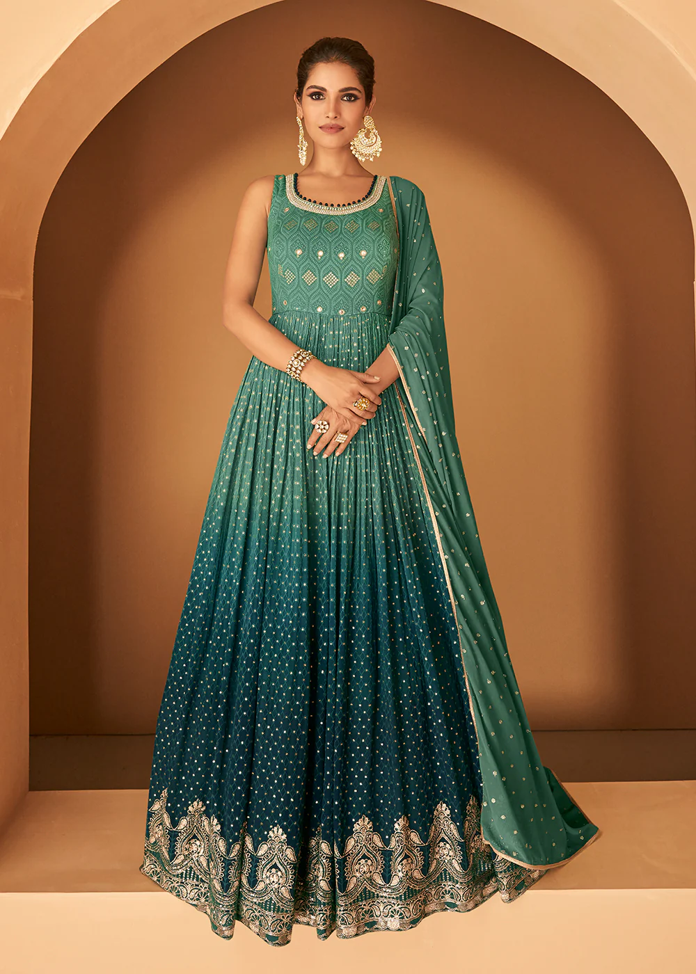 Georgette Rama Green Embroidered Designer Wedding Gown