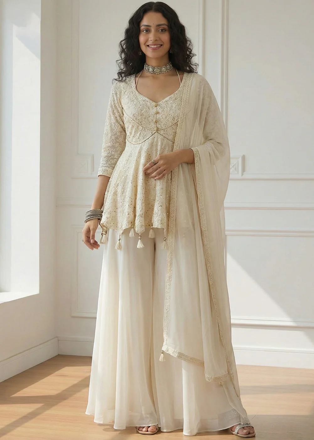 Georgette Spectacular Off White Peplum Style Sharara Suit
