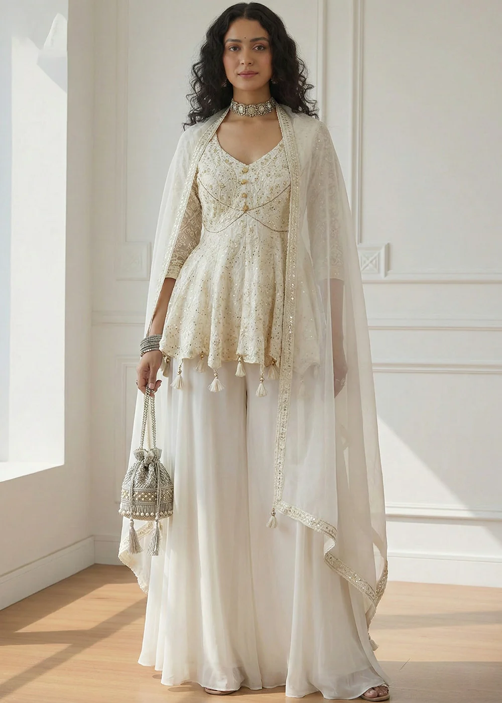 Georgette Spectacular Off White Peplum Style Sharara Suit - Image 3