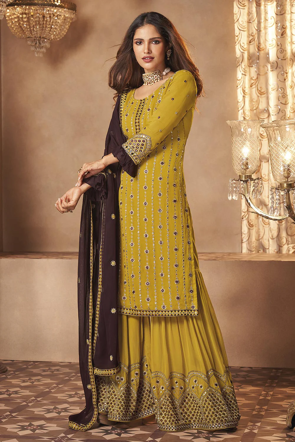 Georgette Sunny Yellow Mirror Embroidered Sharara Suit - Image 4
