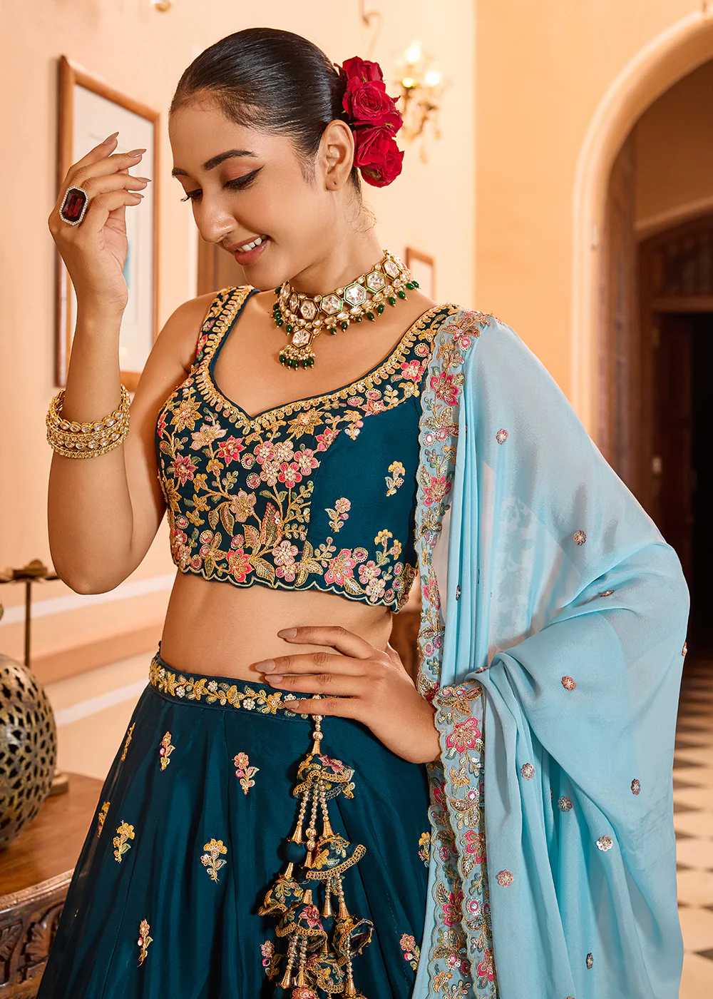 Georgette Teal Embroidered Lehenga Choli with Dupatta - Image 2