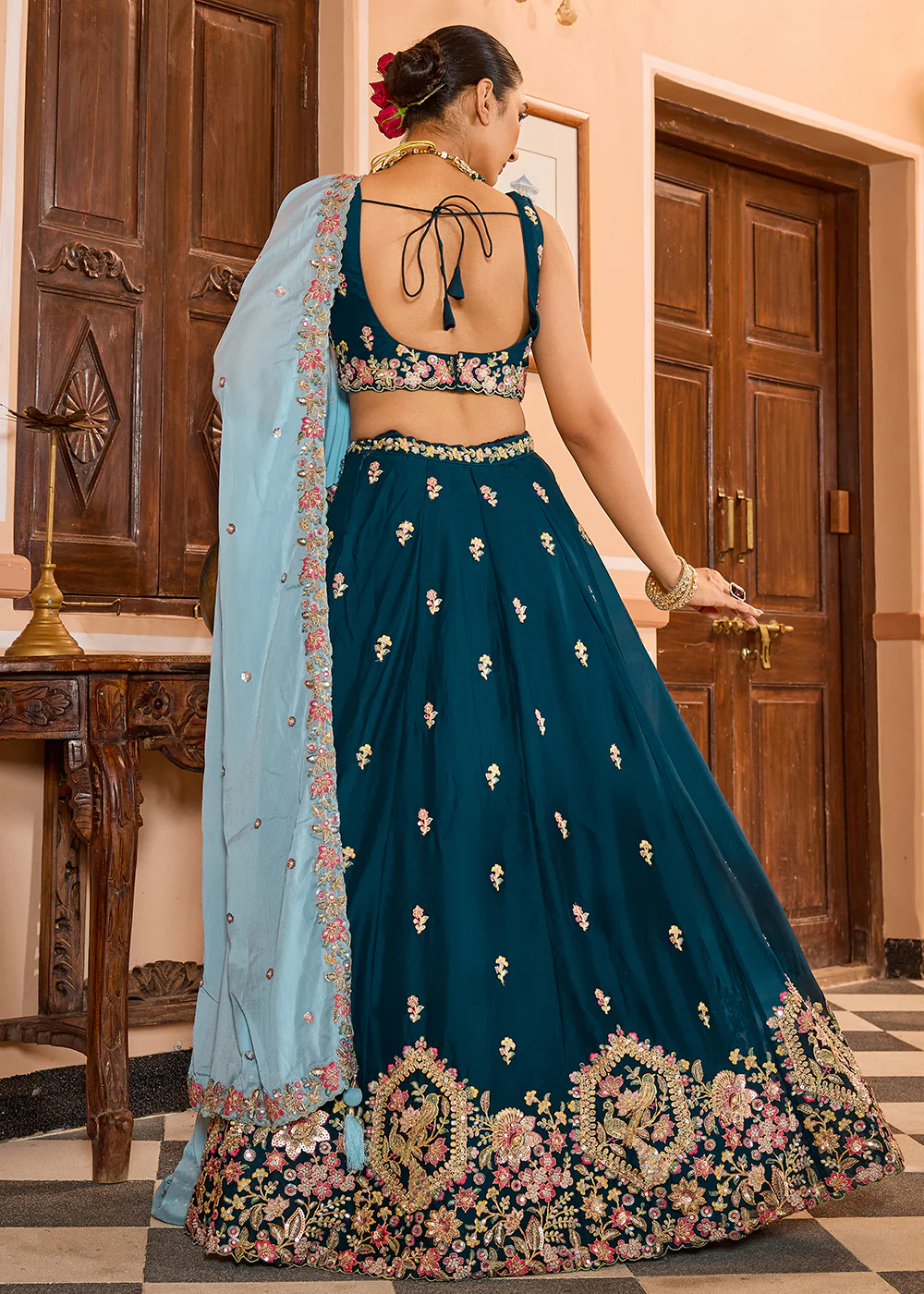 Georgette Teal Embroidered Lehenga Choli with Dupatta - Image 3