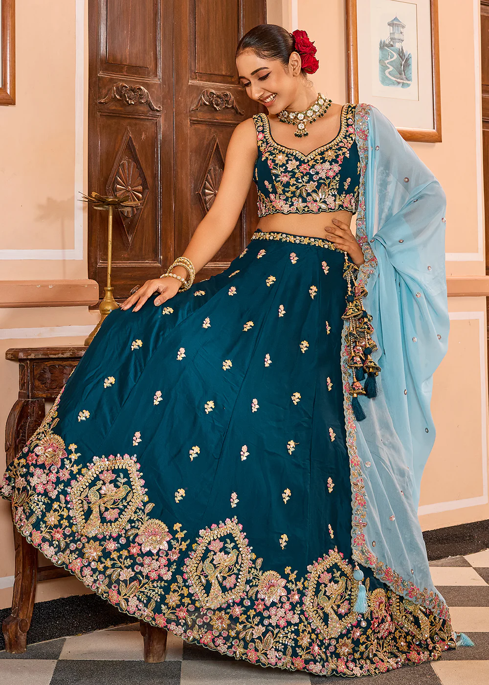 Georgette Teal Embroidered Lehenga Choli with Dupatta - Image 4