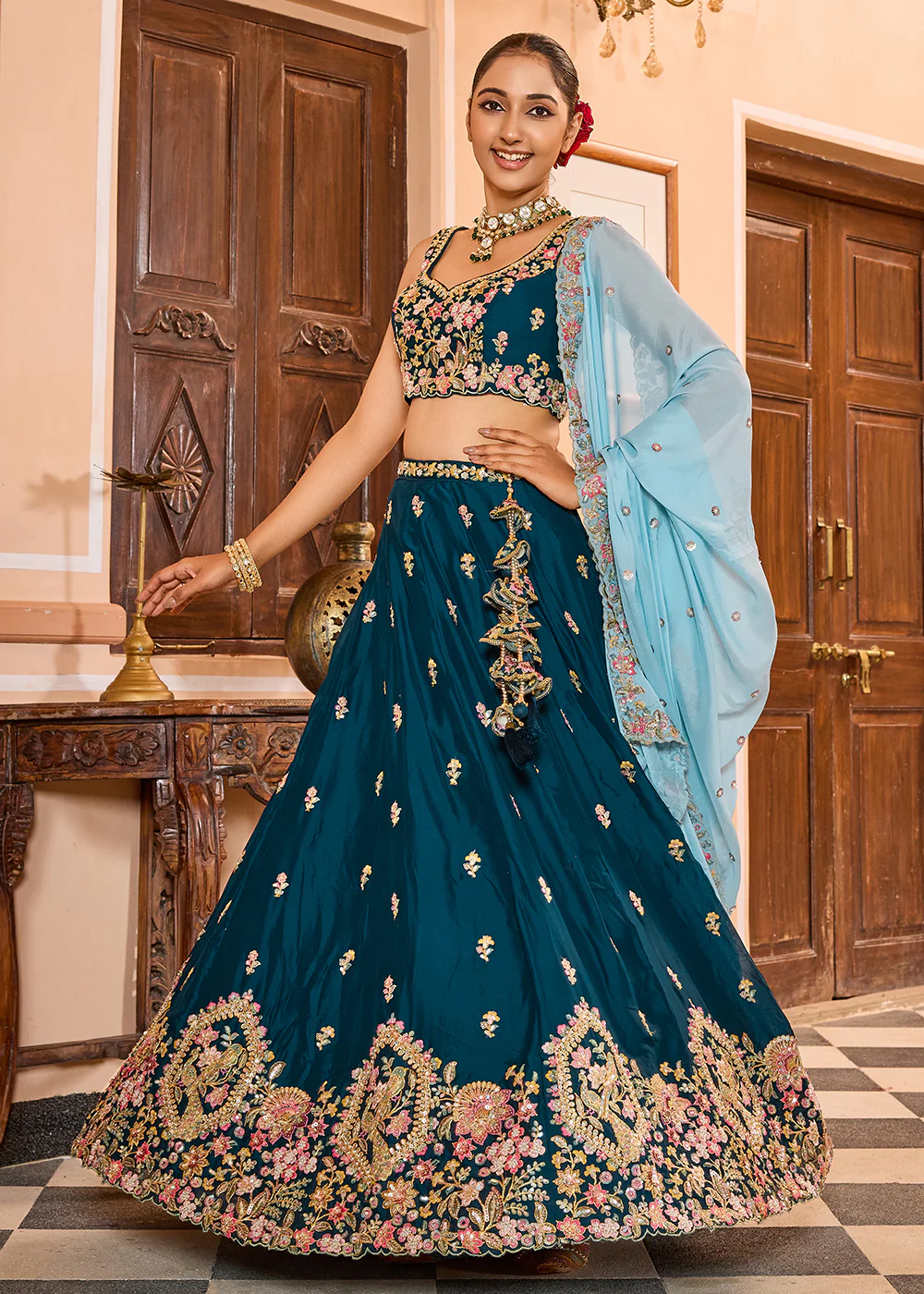 Georgette Teal Embroidered Lehenga Choli with Dupatta - Image 5