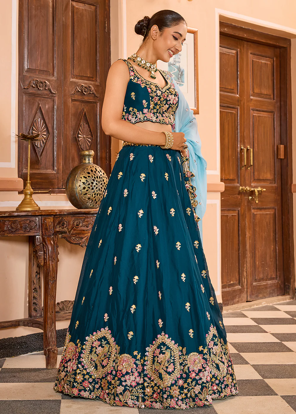 Georgette Teal Embroidered Lehenga Choli with Dupatta - Image 7