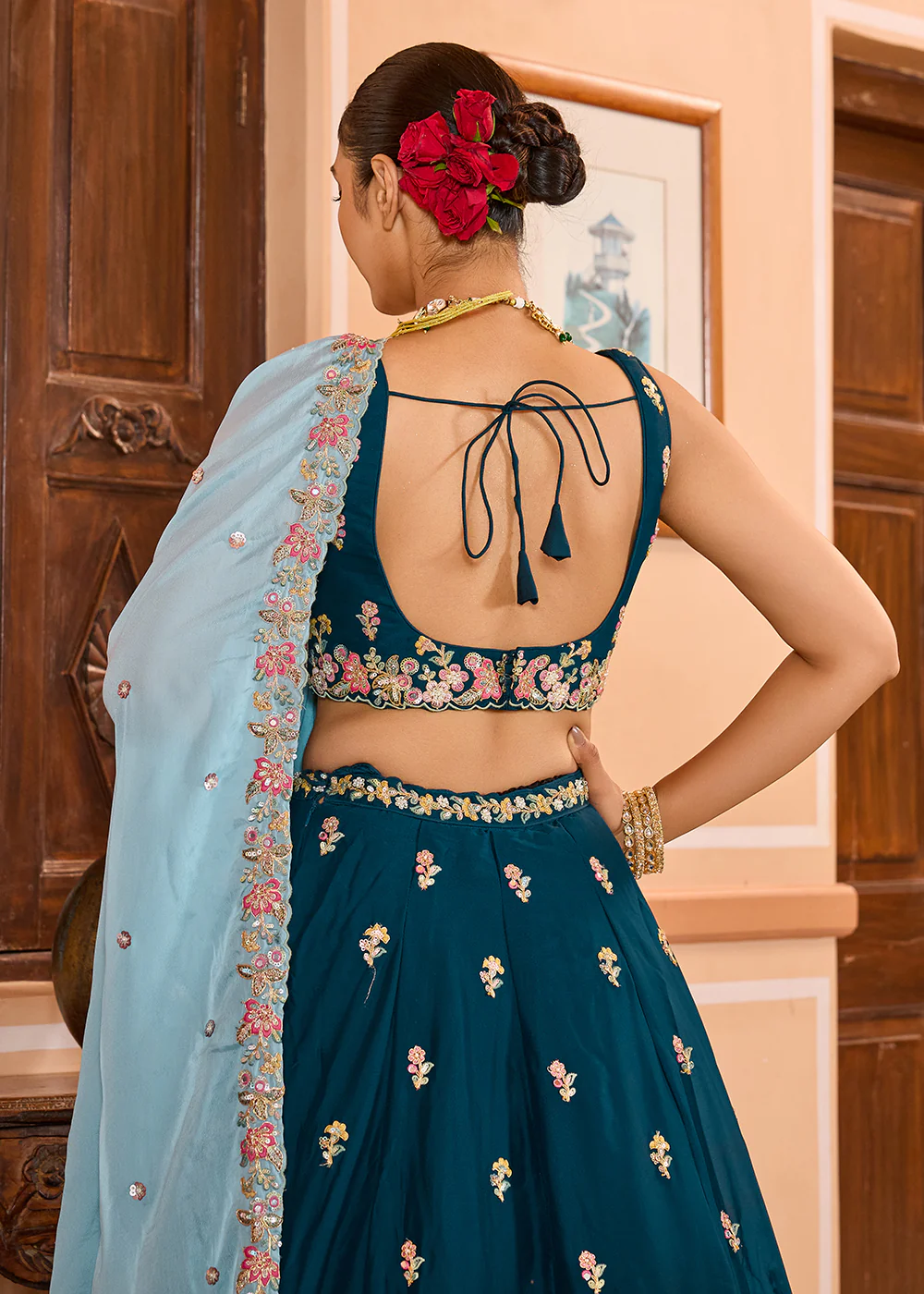 Georgette Teal Embroidered Lehenga Choli with Dupatta - Image 9