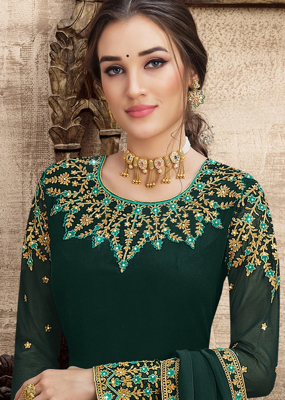 Georgette Teal Green Heavy Embroidered Palazzo Suit - Image 2