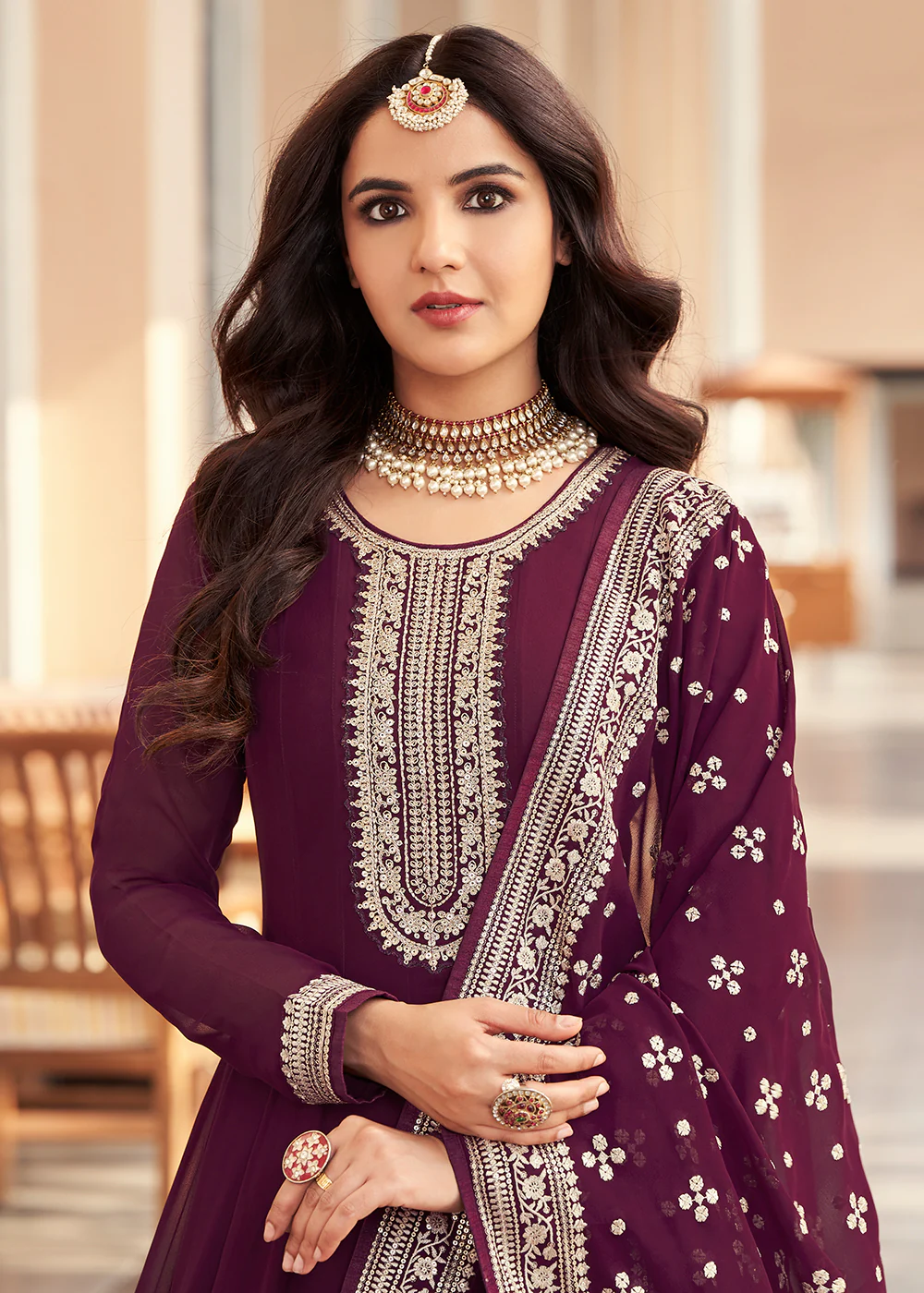 Georgette Wine Purple Embroidered Indian Long Anarkali Dress - Image 2