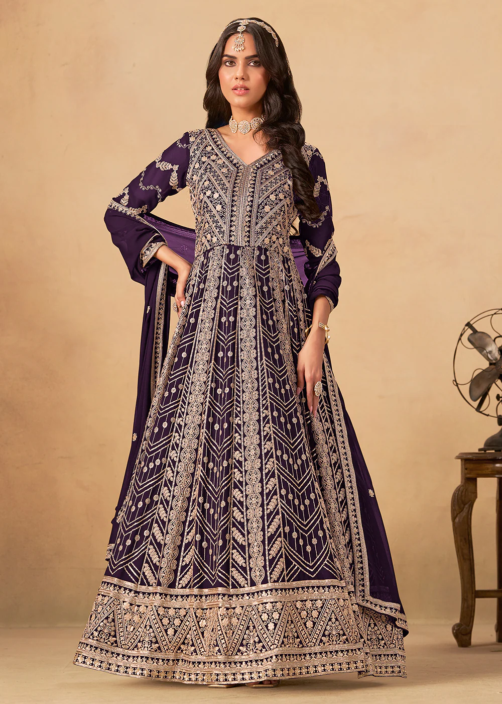 Georgette Wine Purple Embroidered Wedding Anarkali Suit