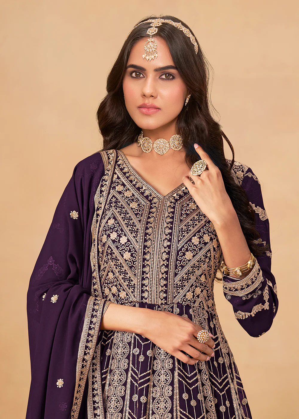 Georgette Wine Purple Embroidered Wedding Anarkali Suit - Image 2