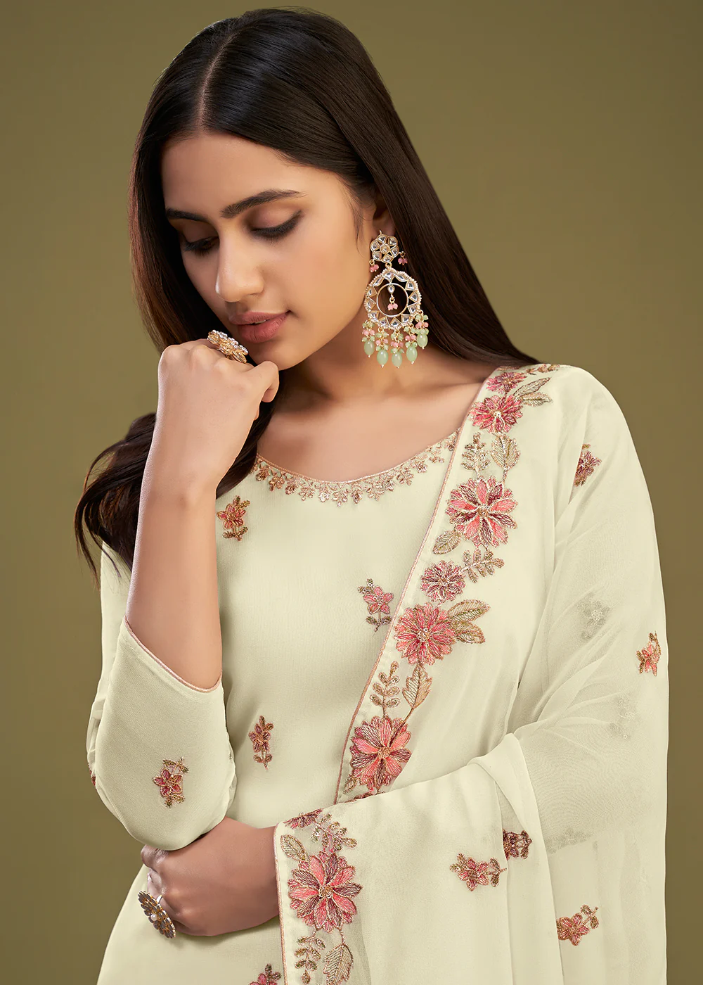 Georgette Yellow Multi Thread Embroidered Gharara Suit - Image 2