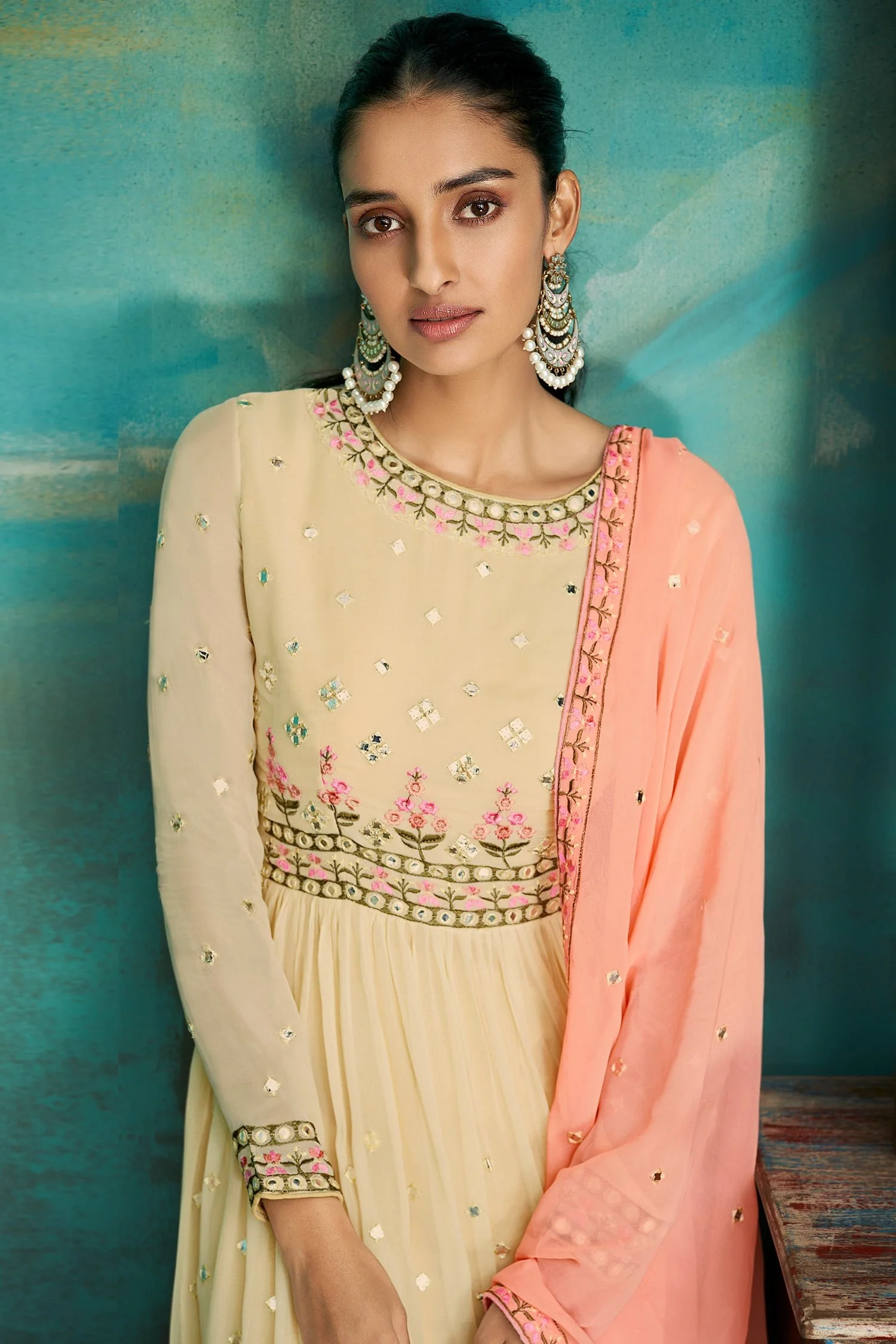 Gharara Style Cream Embroidered Sharara Suit - Image 2