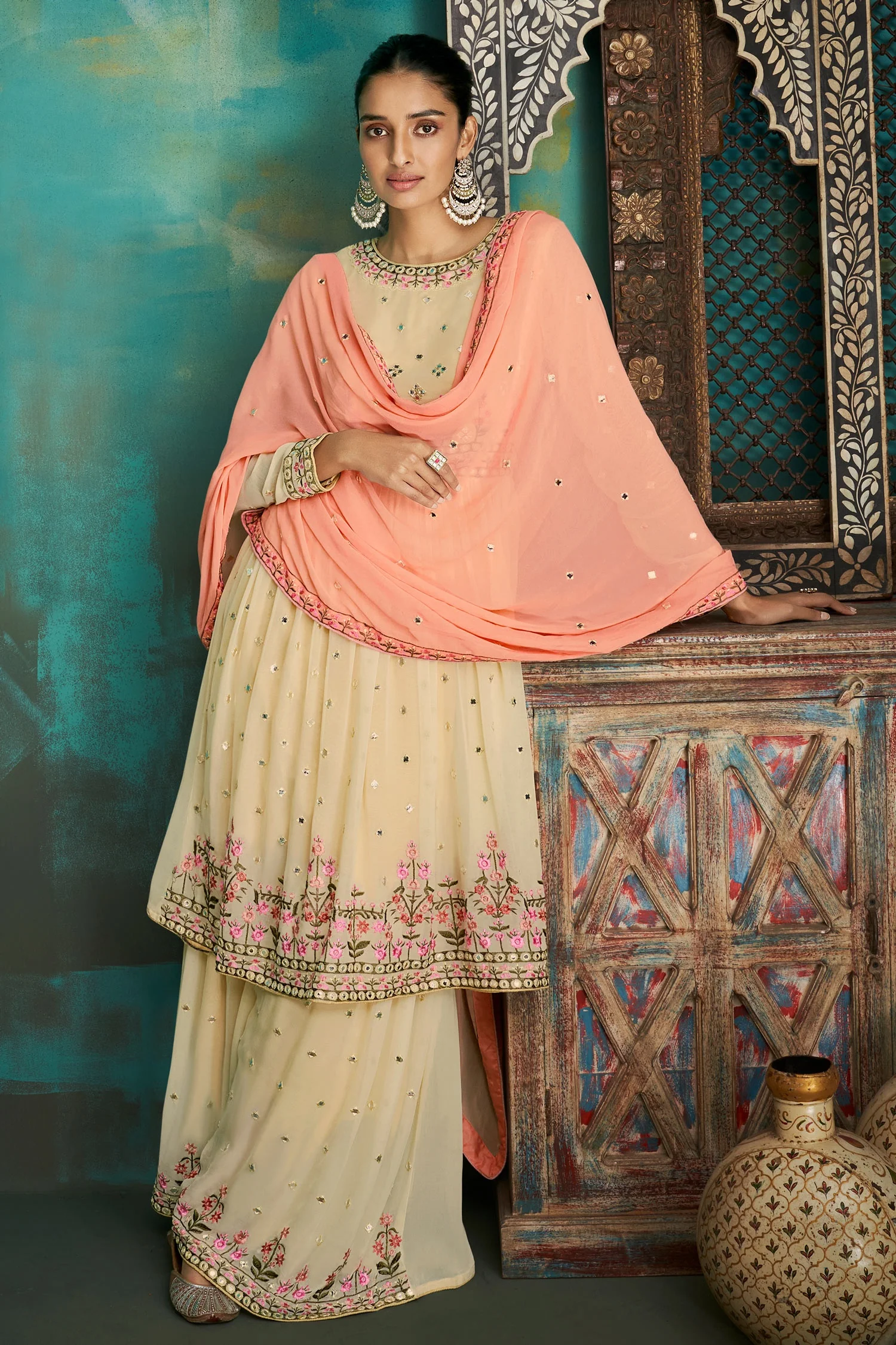 Gharara Style Cream Embroidered Sharara Suit - Image 4