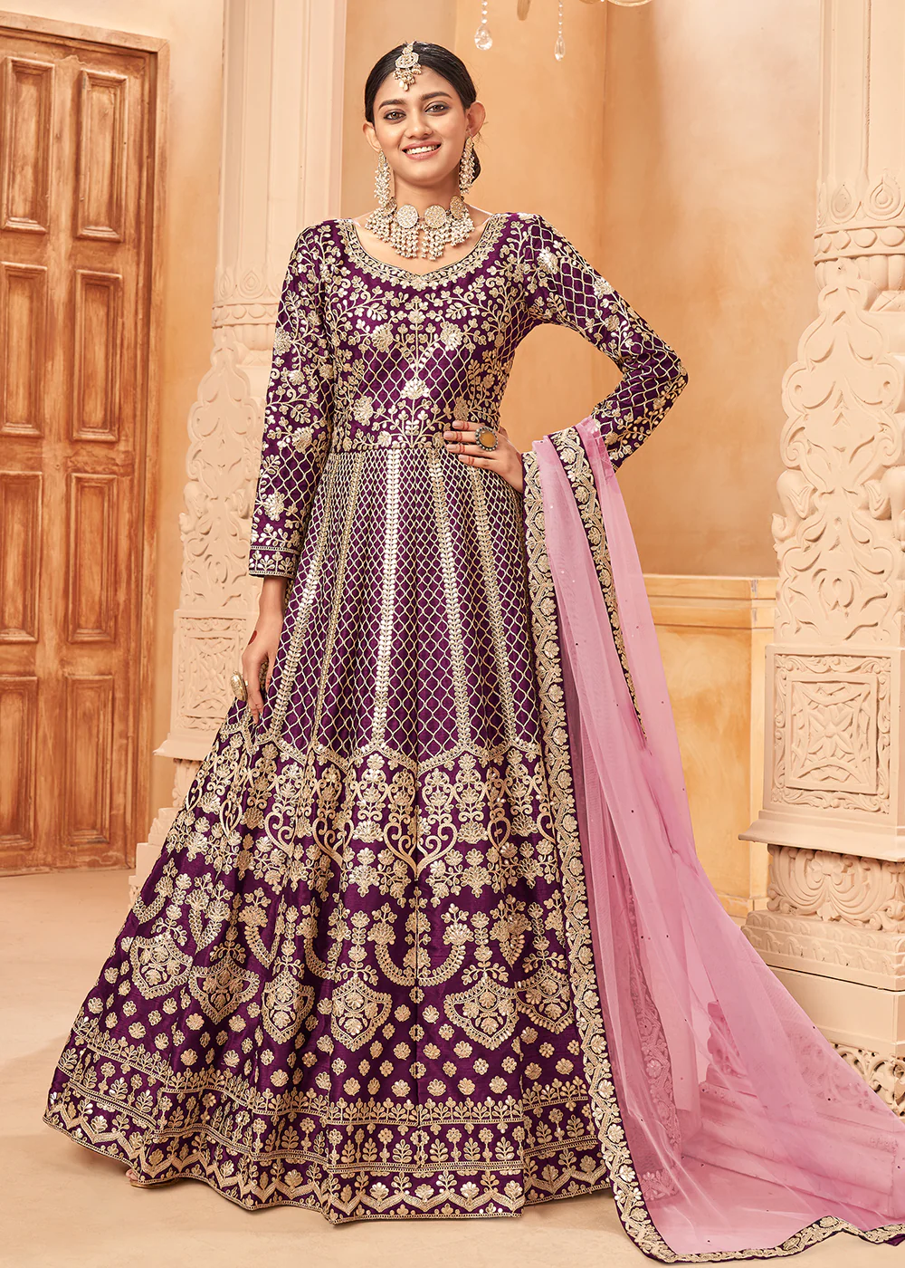 Glam Purple & Gold Embroidered Silk Anarkali Suit - Image 3