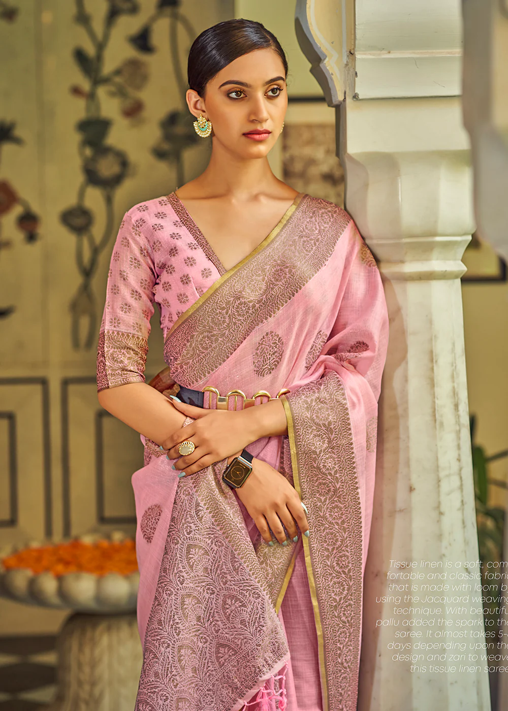 Glamorous Flamingo Pink Soft Linen Weaving Saree with Belt - Image 2
