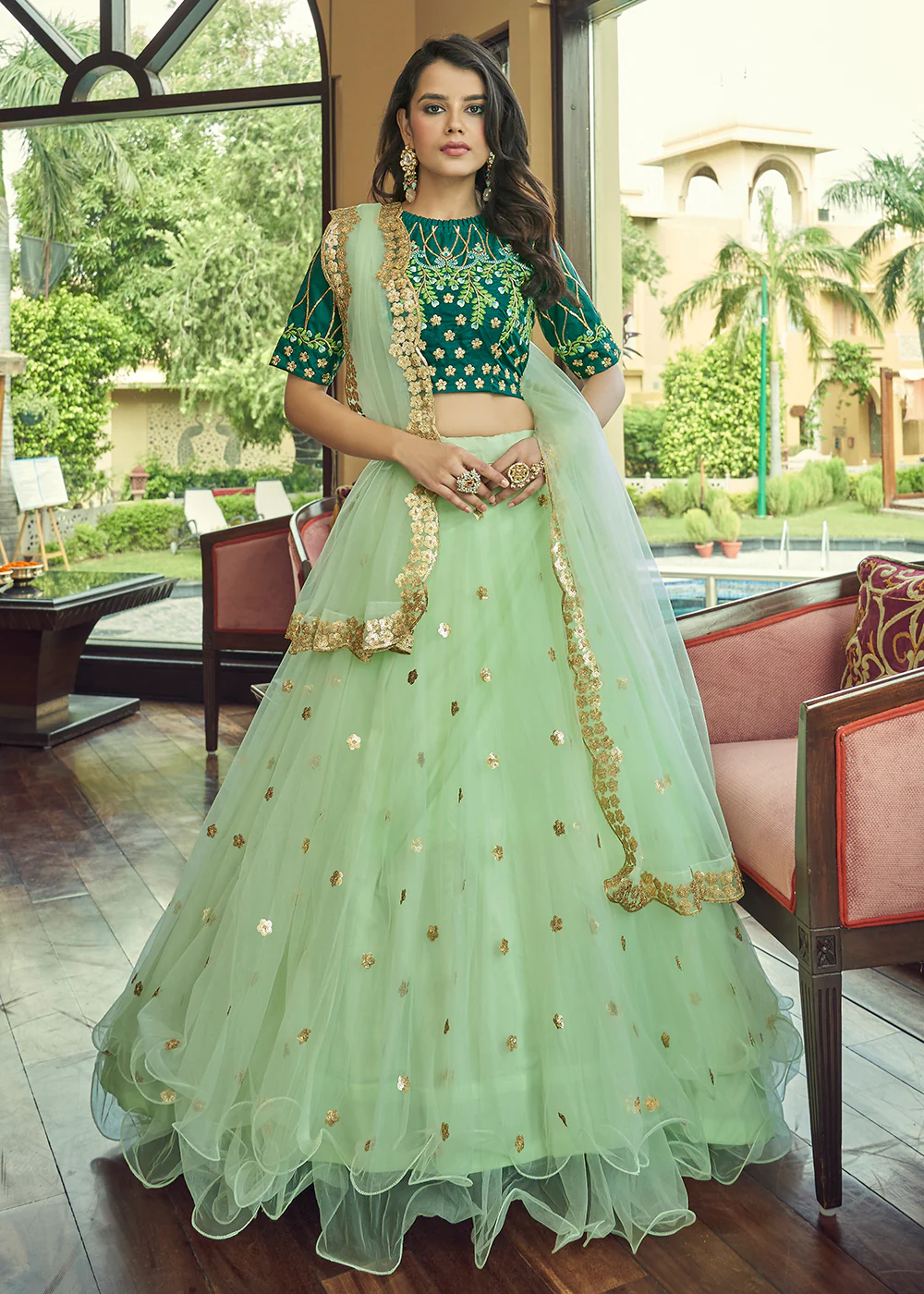 Glamorous Pista Green Heavy Net Party Wear Lehenga Choli - Image 3