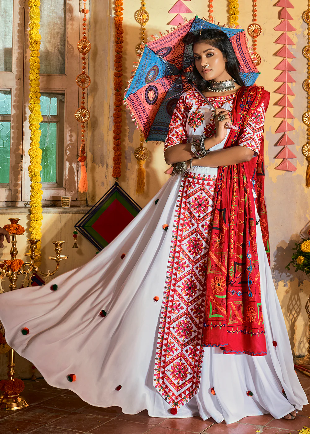 Glamorous White Maslin Cotton Navratri Chaniya Choli - Image 3