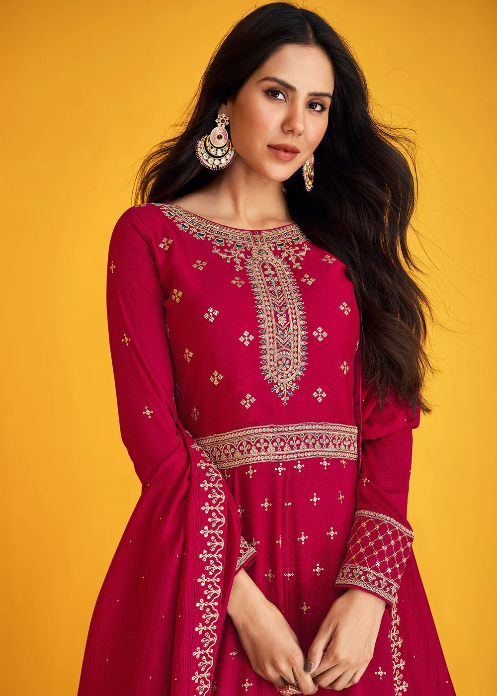 Glamourous Hot Pink Silk Festive Long Anarkali Featuring Sonam Bajwa - Image 2