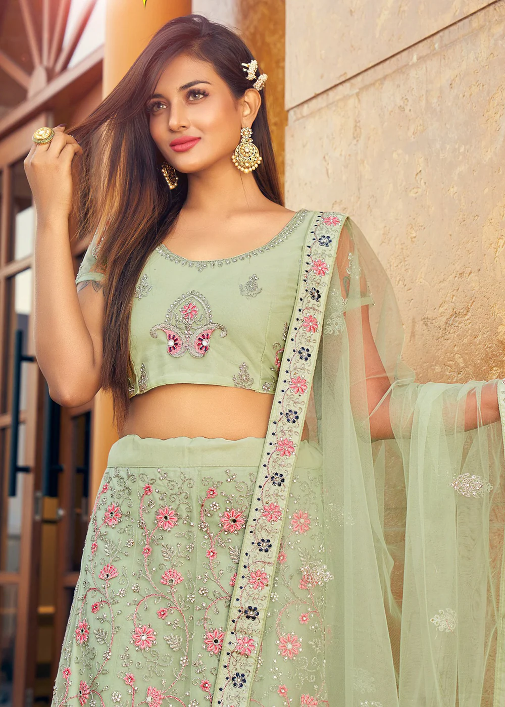 Glamourous Mint Green Fancy Fabric Wedding Lehenga Choli - Image 2