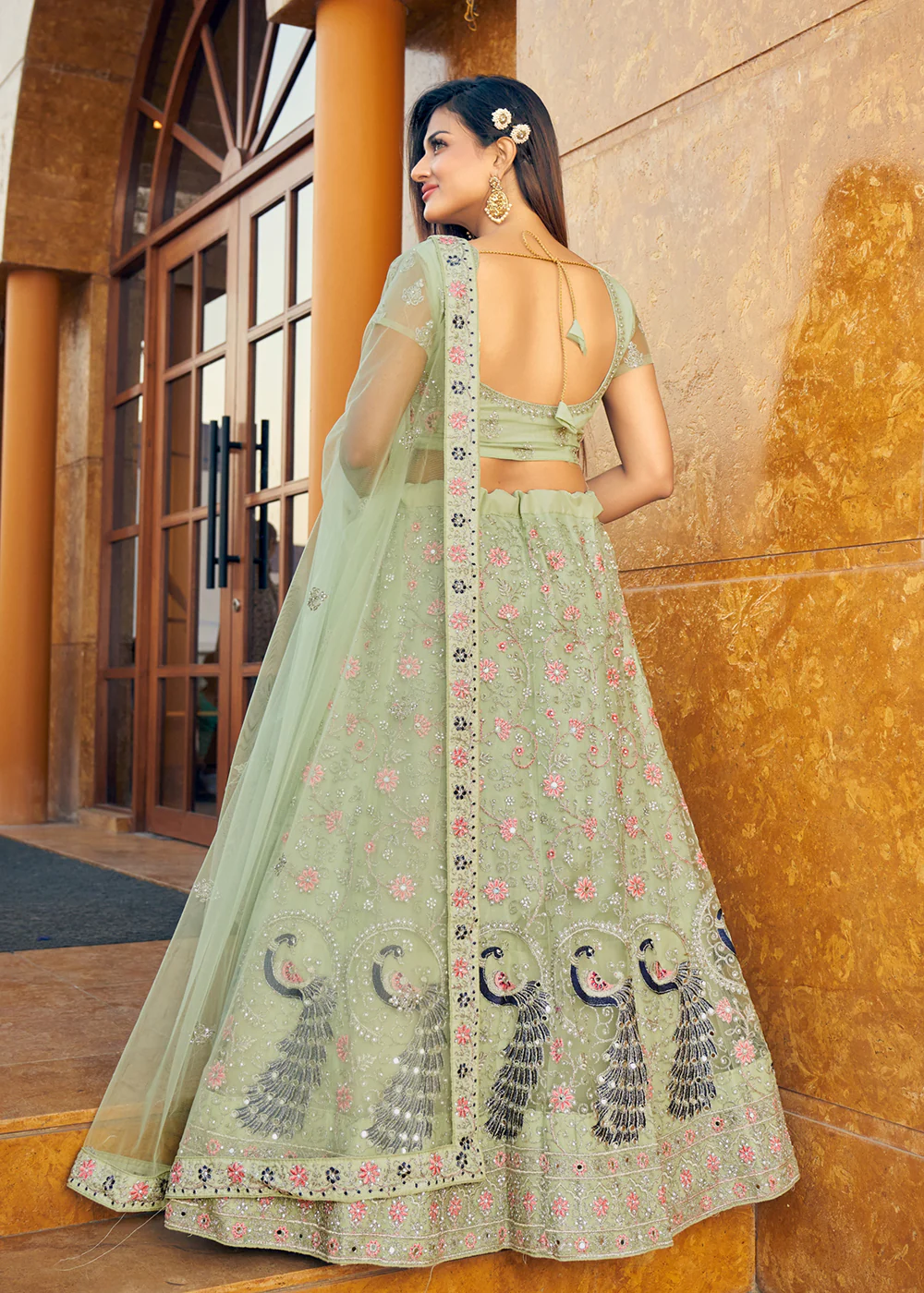 Glamourous Mint Green Fancy Fabric Wedding Lehenga Choli - Image 3
