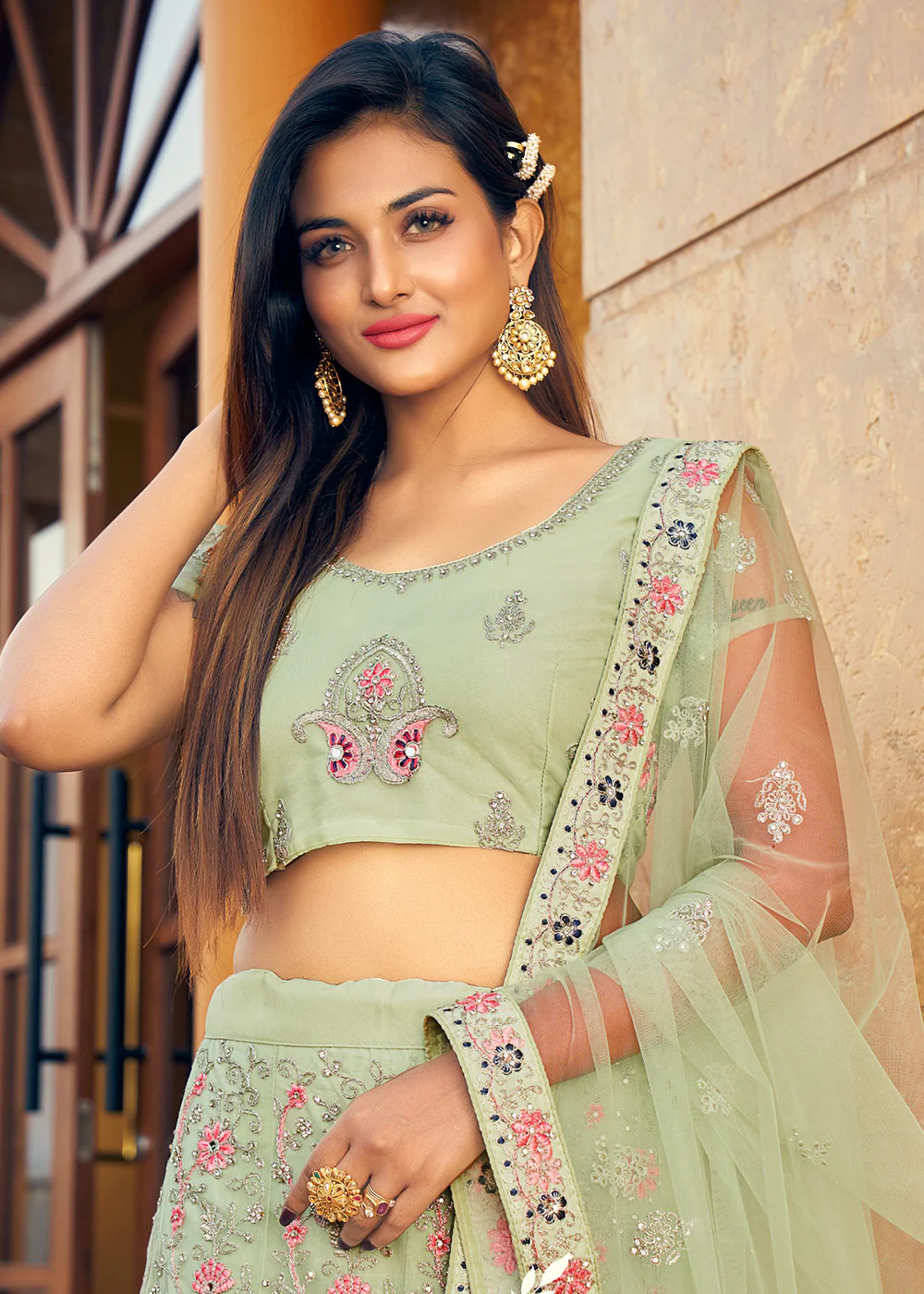 Glamourous Mint Green Fancy Fabric Wedding Lehenga Choli - Image 4