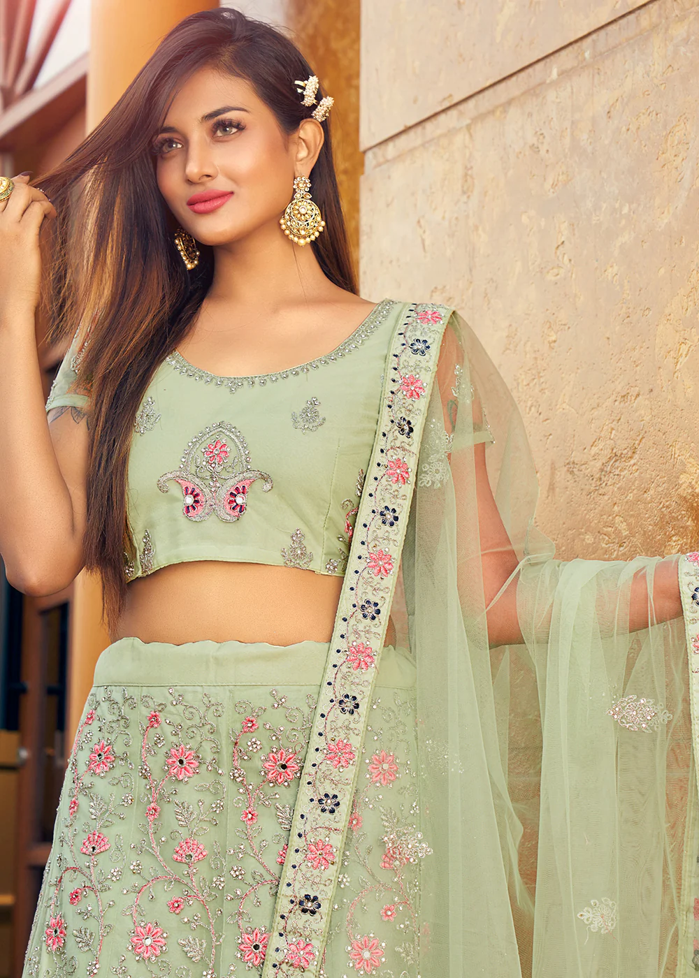 Glamourous Mint Green Fancy Fabric Wedding Lehenga Choli - Image 5