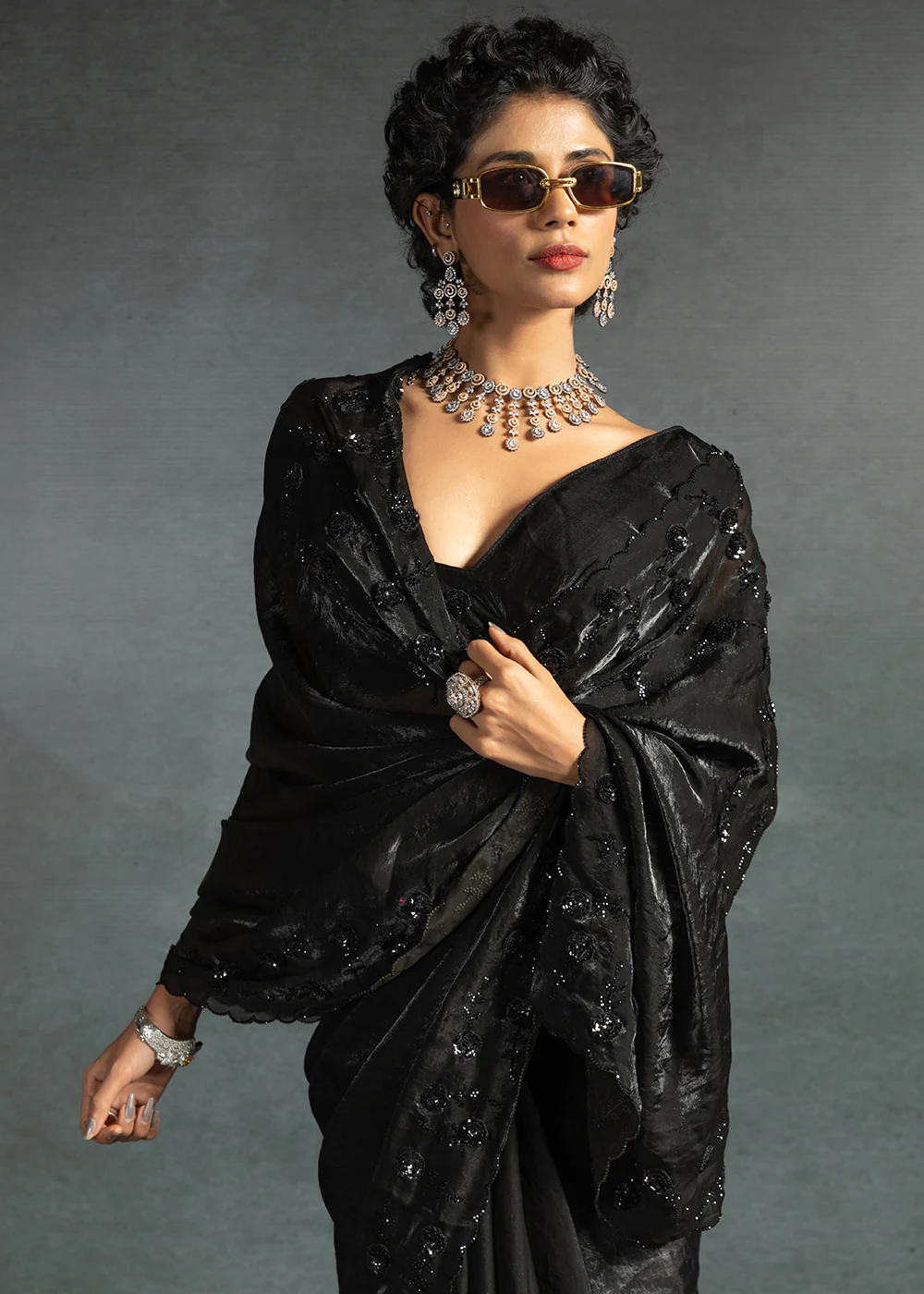 Gleaming Black Cutdana Work Designer Party Wear Saree - Image 2