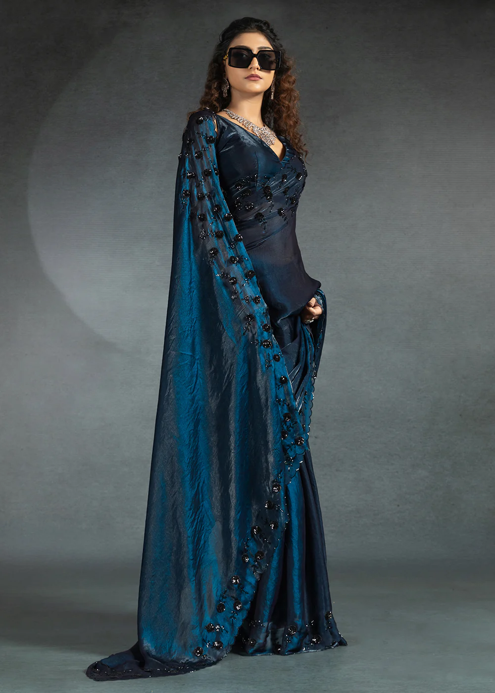 Gleaming Blue Cutdana Work Designer Party Wear Saree - Image 4