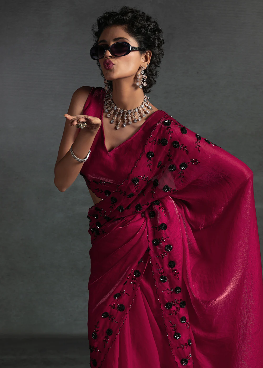 Gleaming Pink Cutdana Work Designer Party Wear Saree - Image 2