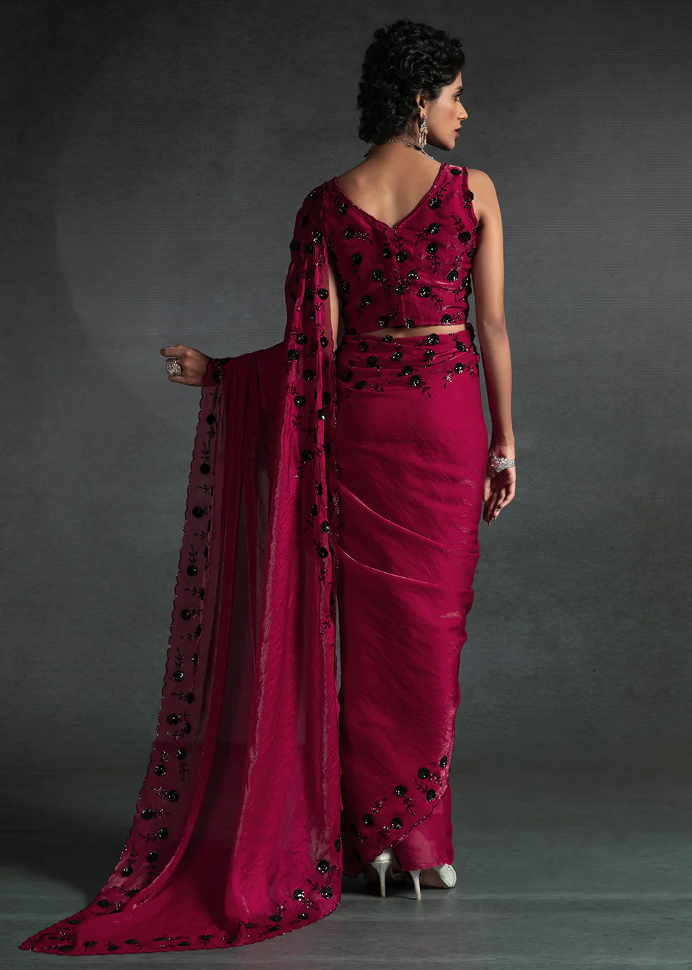 Gleaming Pink Cutdana Work Designer Party Wear Saree - Image 3
