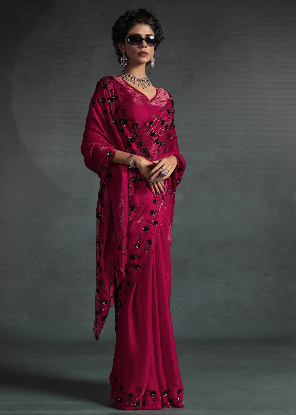Gleaming Pink Cutdana Work Designer Party Wear Saree - Image 4