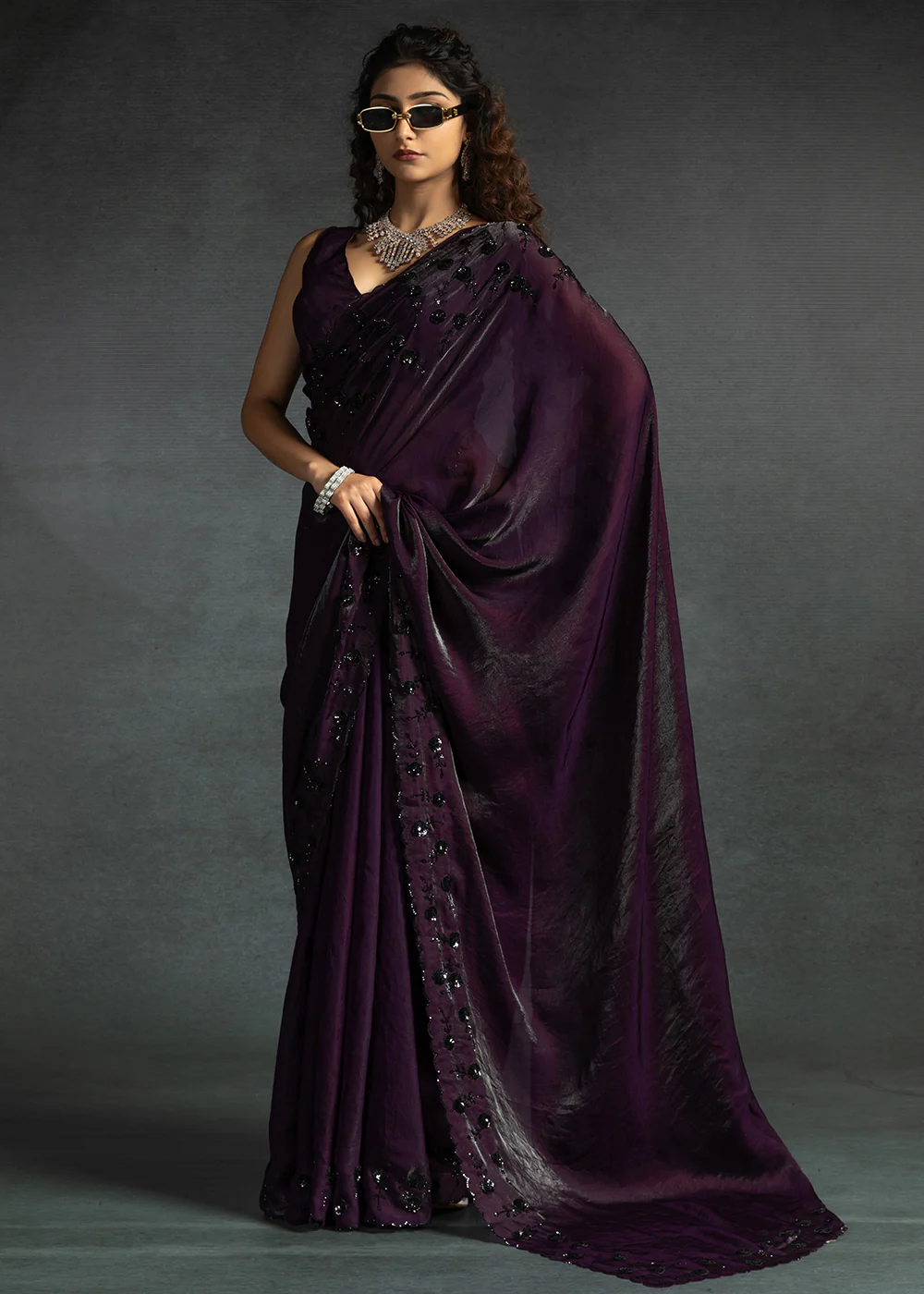 Gleaming Purple Cutdana Work Designer Party Wear Saree