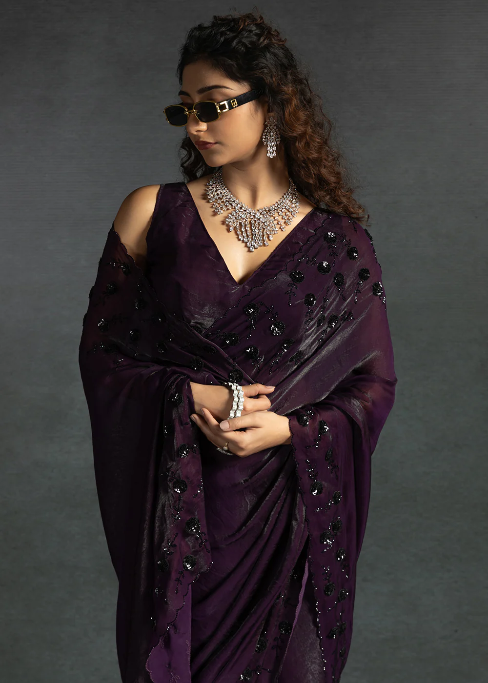 Gleaming Purple Cutdana Work Designer Party Wear Saree - Image 2