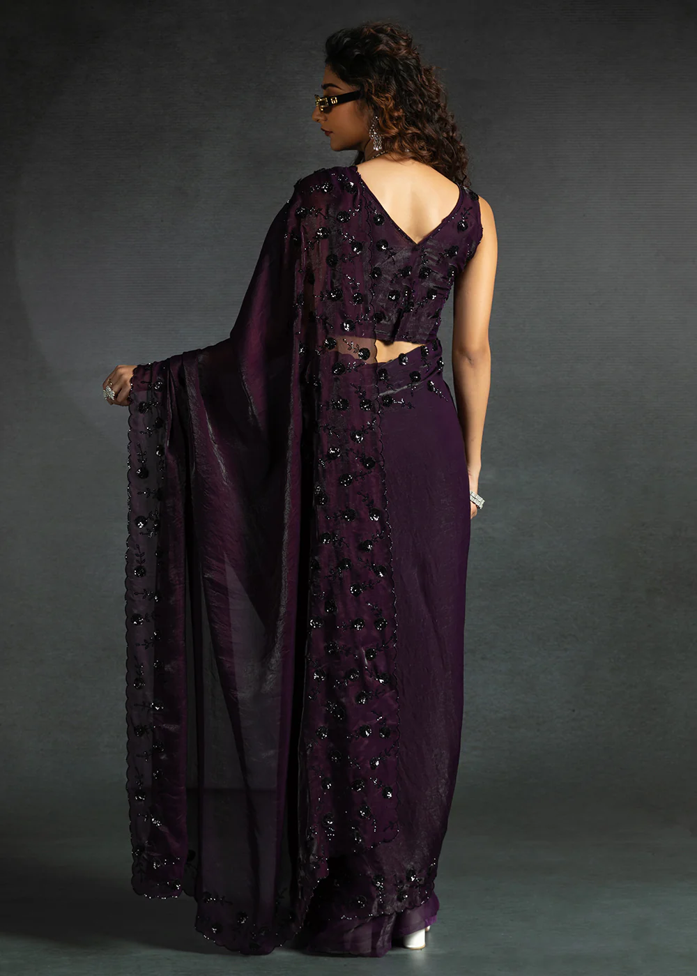 Gleaming Purple Cutdana Work Designer Party Wear Saree - Image 3