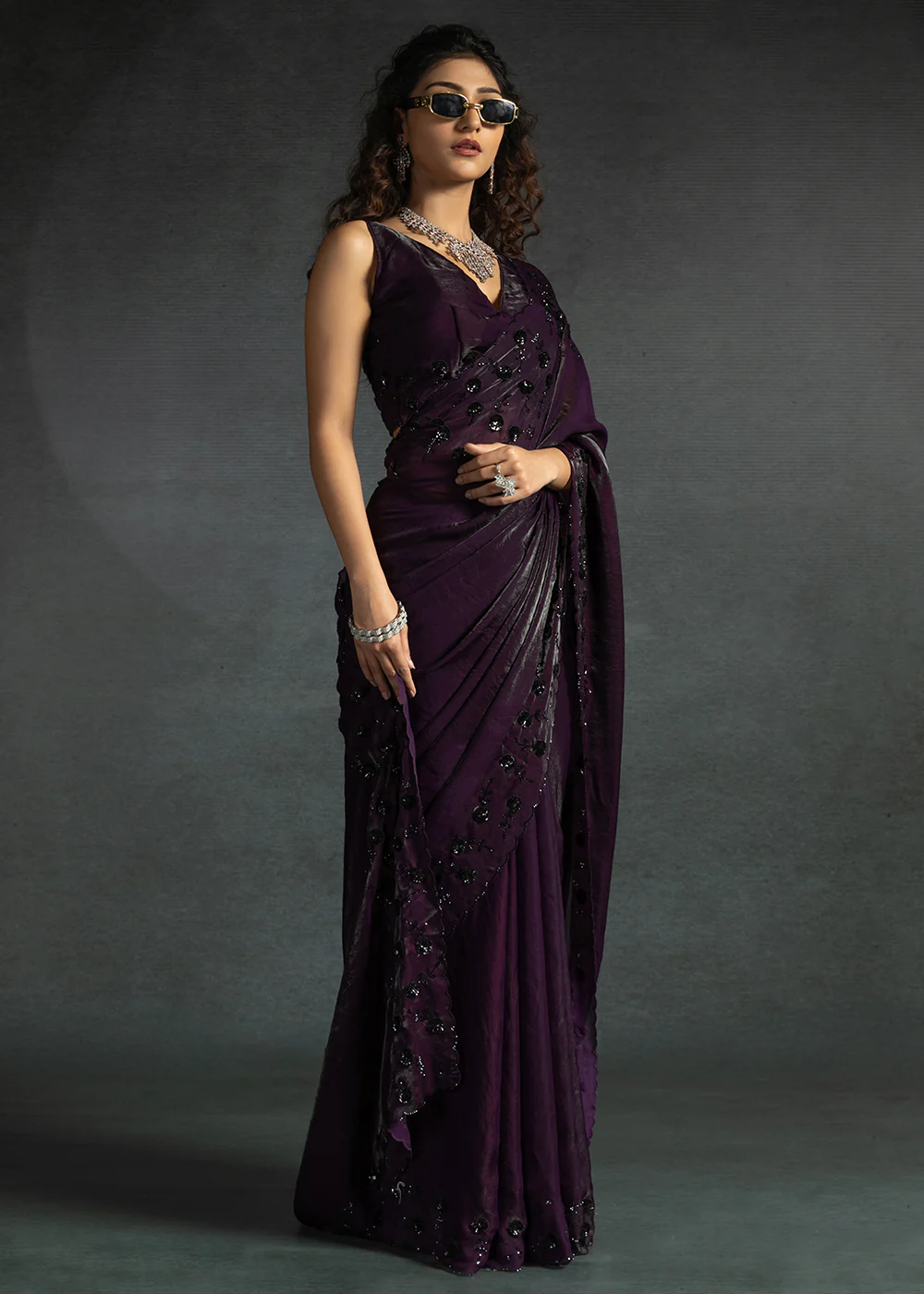 Gleaming Purple Cutdana Work Designer Party Wear Saree - Image 4